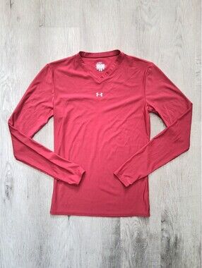 Under Armour Heat Gear Womens L Red V Neck Long Sleeve Activewear Shirt Base Top